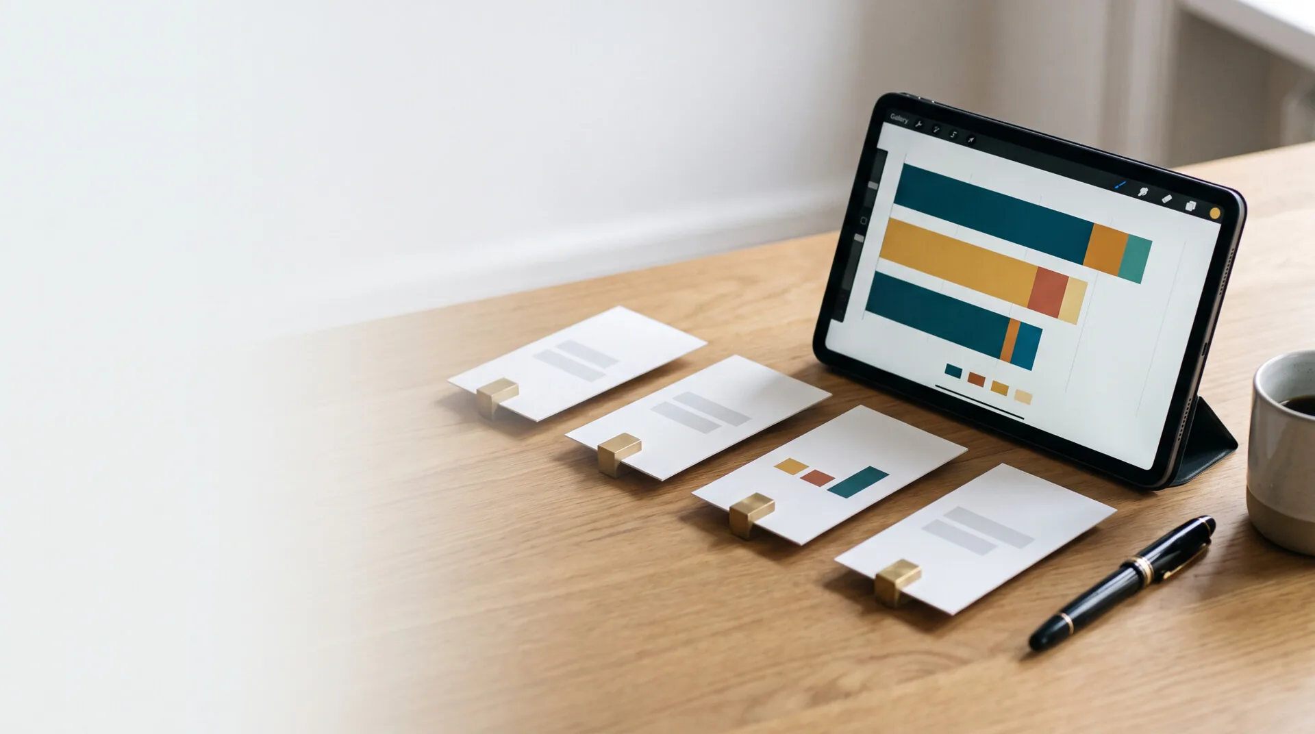 Schreibtisch mit Tablet, auf dem eine Rangliste als Balkendiagramm zu sehen ist, daneben Karten mit Kriterien und kleinen Gewichten.